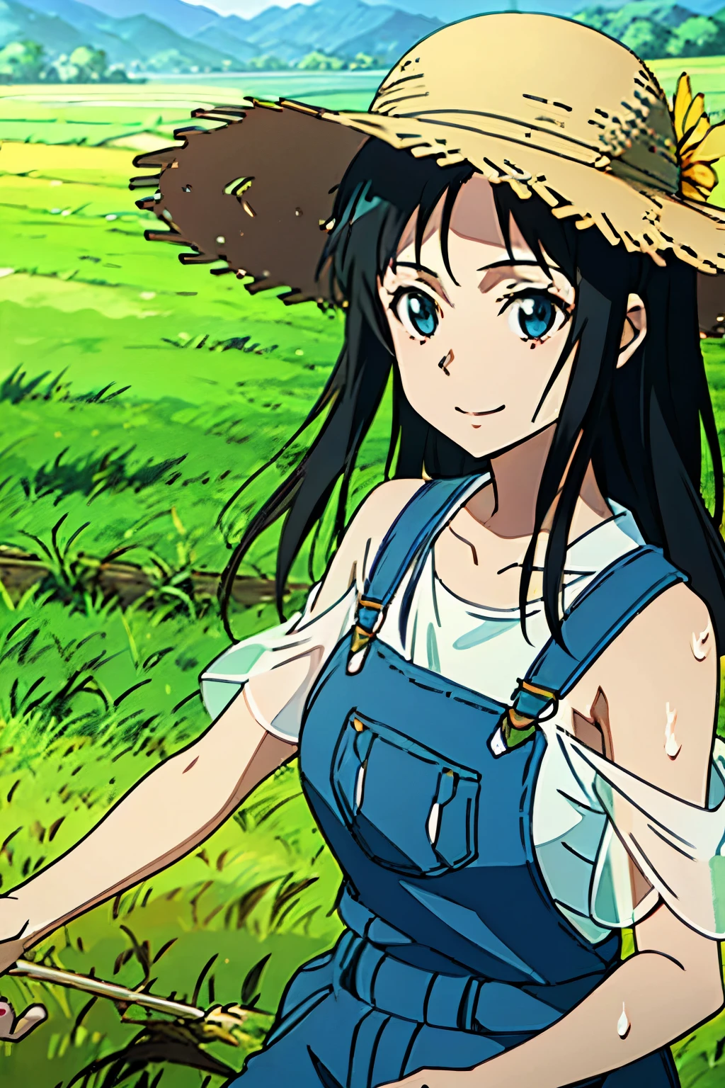 Shoulder-length hair　Black Hair　Farm work overalls　Straw hat　Sweat　Anime Style　smile　towel　Paddy field　sunny　rice　See-through clothing