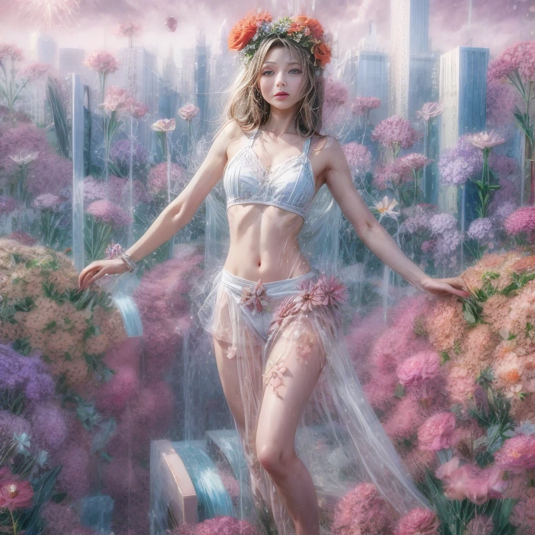 Crimson, White in Pearly RainbowColors,ExtremelyDetailed(ProfessionalPhoto of Girl Floating in the Sky:1.37)ZoomLayer{Stunning|Mystic|GodRays|Haze}, 280th floor infinity pool, Tallest building in the urban forest, {tulips|Rose flower}, (Masterpiece 8K TopQuality:1.2), (ExtremelyDetailed NOGIZAKA face and Eyes:1.37)ElaboratePupils with (SparklingHighlights:1.28) DoubleEyelids with Voluminous LongEyelashes RosyCheeks (Joyful Expressions LifeLike Rendering)MotionBlur BREAK Detailed impeccable Radiant PearlSkin with Transparency White(Skinny SchoolSwimwear) {(HiddenHand)|((Corrected BabyLike Hand))} (Whole Body Proportions and all limbs are Anatomically Accurate), FlowerWreath WrappedBody Flowers Covering girl's body Full of Flowers {Dazzling RainbowColorHorizon|ColorfulSky|ColoredClouds|Starly Particles}(extra limbs:-1.4)(Not Detailed Face:-1.4)(Not Detailed Hand:-1.4)