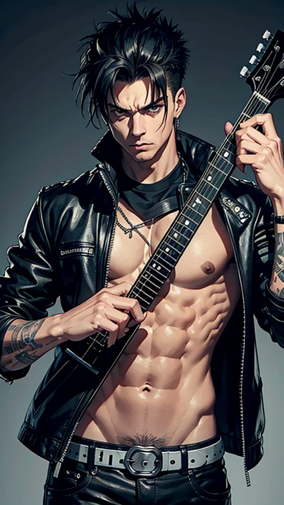 Cold and dangerous man, with Rockstar and punk airs, no shirt with abs zero definition, very similar to sid vicious.playing the guitar