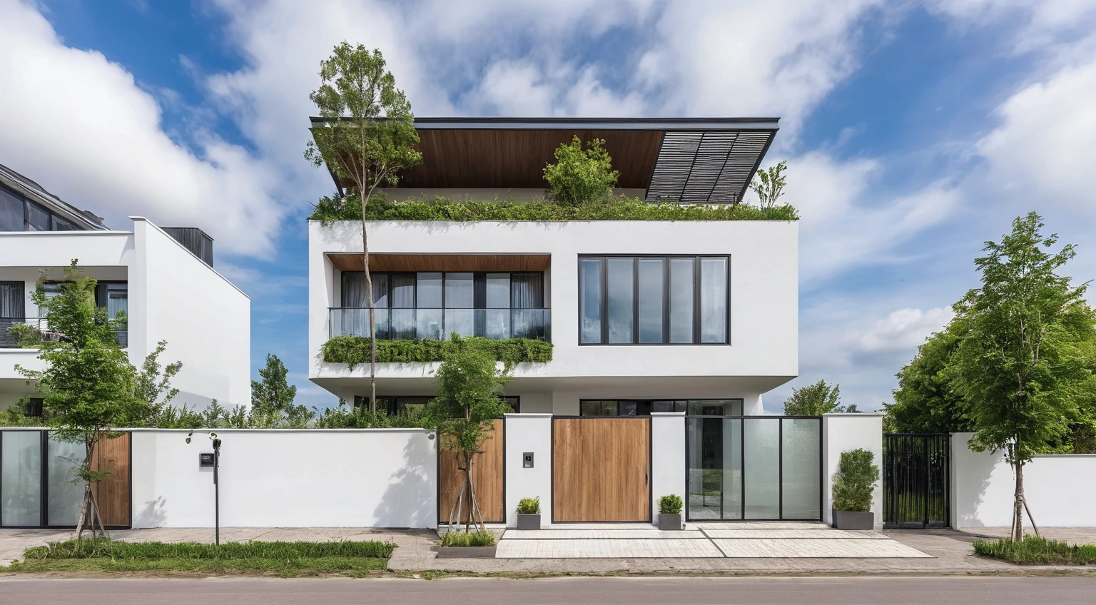 Raw photo,Masterpiece, high quality, best quality, authentic, super detail,
outdoors, house style modern,bietthuhn, white wall, glass windows, gate
road,pavement, grass, trees, sky, cloud, (day:1.1),
