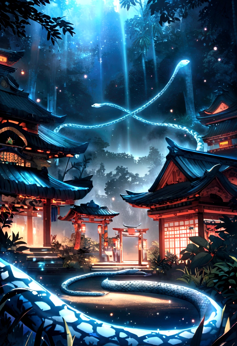 Prehistoric Snakes, Particles of light, Cosmic Jungle, Shrine in the background, Bioluminescent