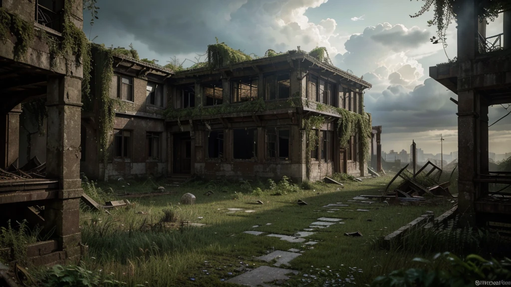 a vast abandoned city, overgrown with nature, crumbling buildings, moss-covered ruins, sunlight filtering through the decay, atmospheric lighting, dramatic clouds, moody and melancholic tone, cinematic composition, highly detailed, photorealistic, 8k, HDR, intricate architecture, sense of exploration and discovery, lead the viewer into the scene, (best quality,4k,8k,highres,masterpiece:1.2),ultra-detailed,(realistic,photorealistic,photo-realistic:1.37)