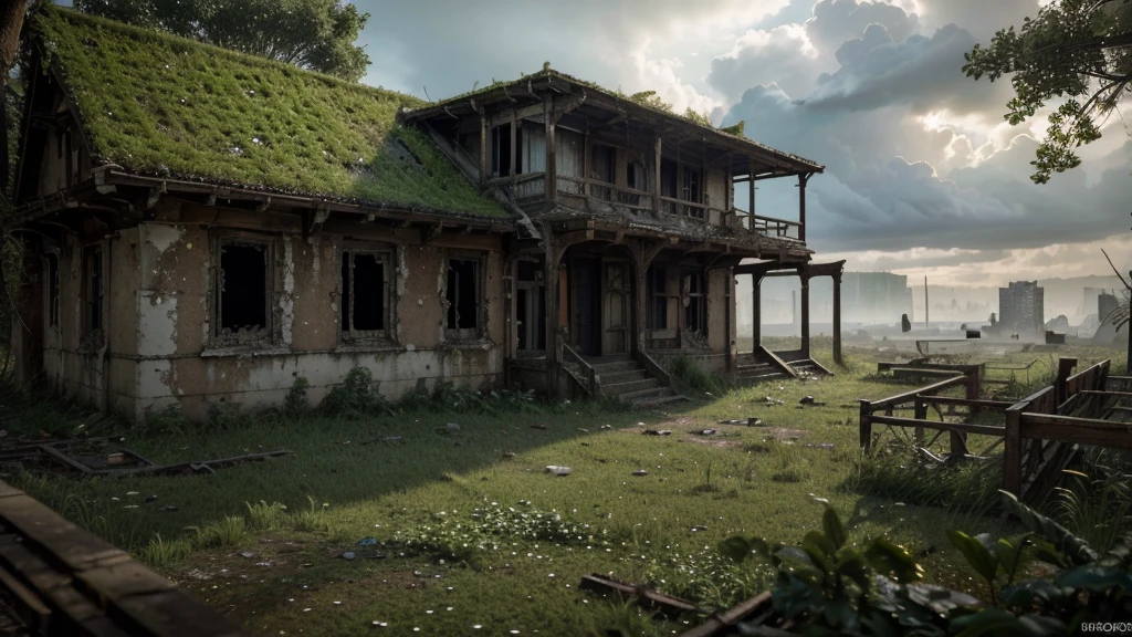 a vast abandoned city, overgrown with nature, crumbling buildings, moss-covered ruins, sunlight filtering through the decay, atmospheric lighting, dramatic clouds, moody and melancholic tone, cinematic composition, highly detailed, photorealistic, 8k, HDR, intricate architecture, sense of exploration and discovery, lead the viewer into the scene, (best quality,4k,8k,highres,masterpiece:1.2),ultra-detailed,(realistic,photorealistic,photo-realistic:1.37)