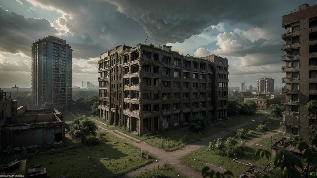 a vast abandoned city, overgrown with nature, crumbling buildings, moss-covered ruins, sunlight filtering through the decay, atmospheric lighting, dramatic clouds, moody and melancholic tone, cinematic composition, highly detailed, photorealistic, 8k, HDR, intricate architecture, sense of exploration and discovery, lead the viewer into the scene, (best quality,4k,8k,highres,masterpiece:1.2),ultra-detailed,(realistic,photorealistic,photo-realistic:1.37)