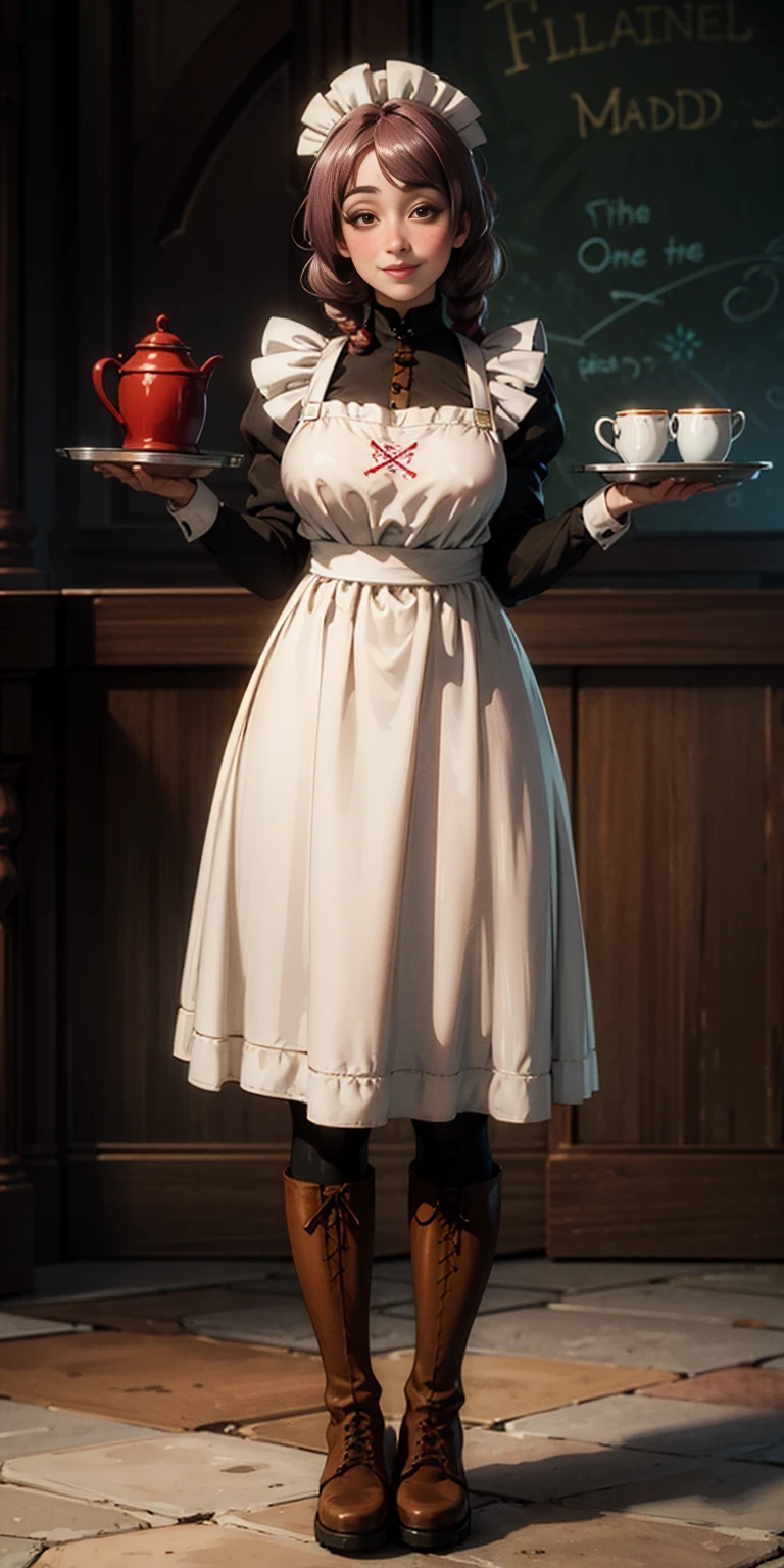 full body standing straight symmetrical, lustful smirking smile face red blush red cheeks, looking at viewer, holding tray, braid, maid headdress, maid, dress, apron, long sleeves, brown pantyhose, long leather militar boots, thighs, long white hair, masterpiece