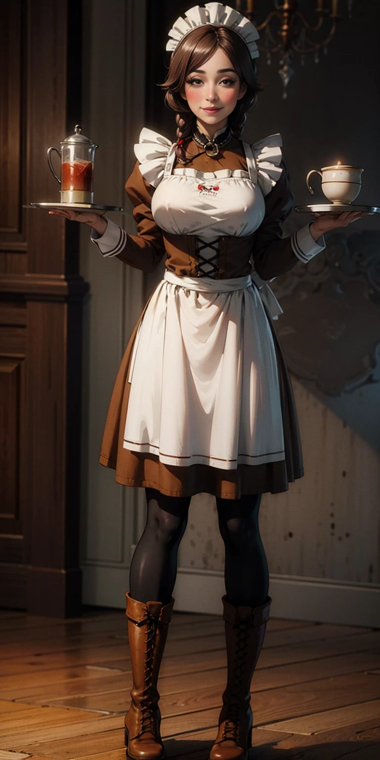 full body standing straight symmetrical, lustful smirking smile face red blush red cheeks, looking at viewer, holding tray, braid, maid headdress, maid, dress, apron, long sleeves, brown pantyhose, long leather militar boots, thighs, long white hair, masterpiece