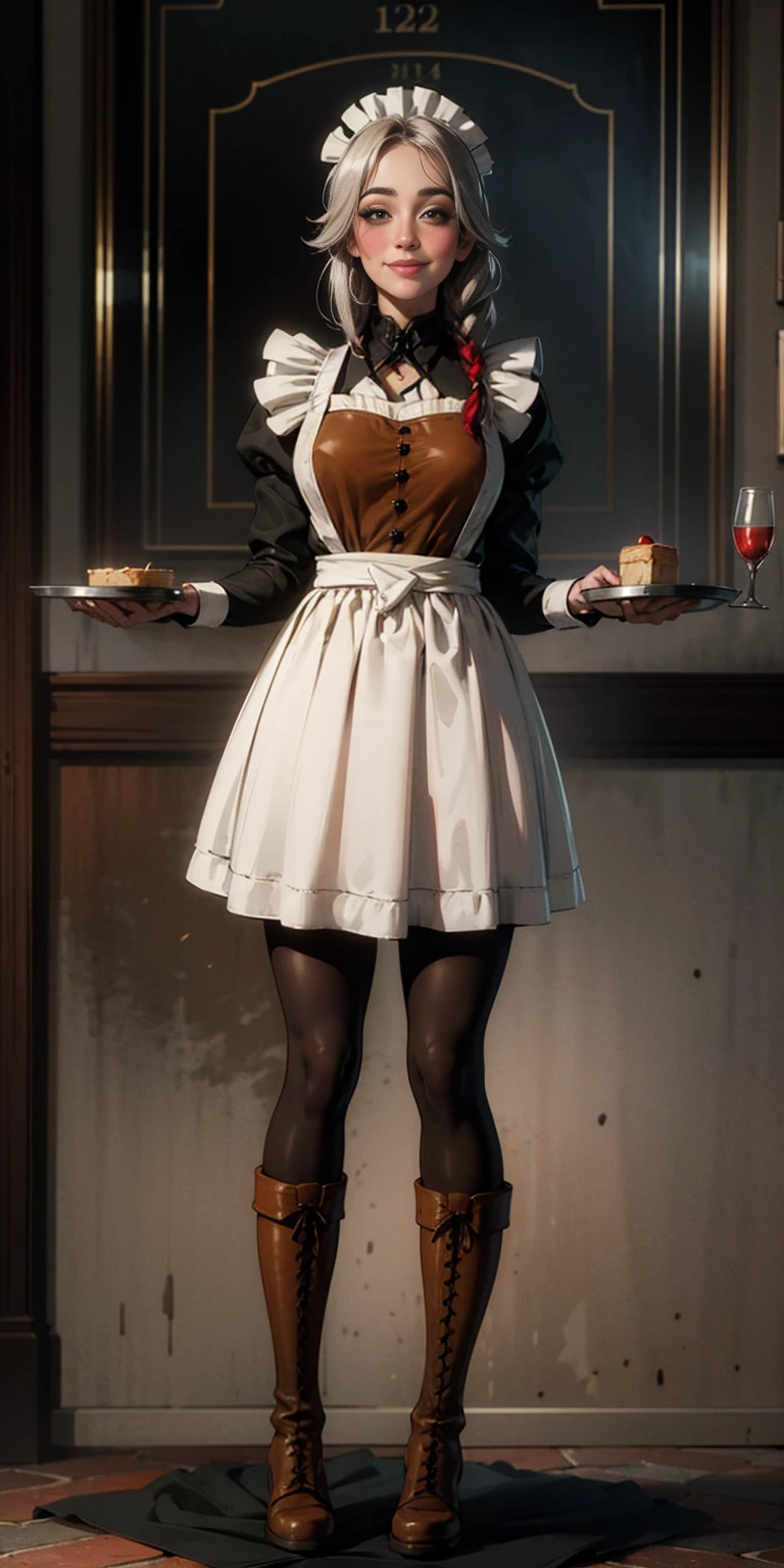 full body standing straight symmetrical, lustful smirking smile face red blush red cheeks, looking at viewer, holding tray, braid, maid headdress, maid, dress, apron, long sleeves, brown pantyhose, long leather militar boots, thighs, long white hair, masterpiece