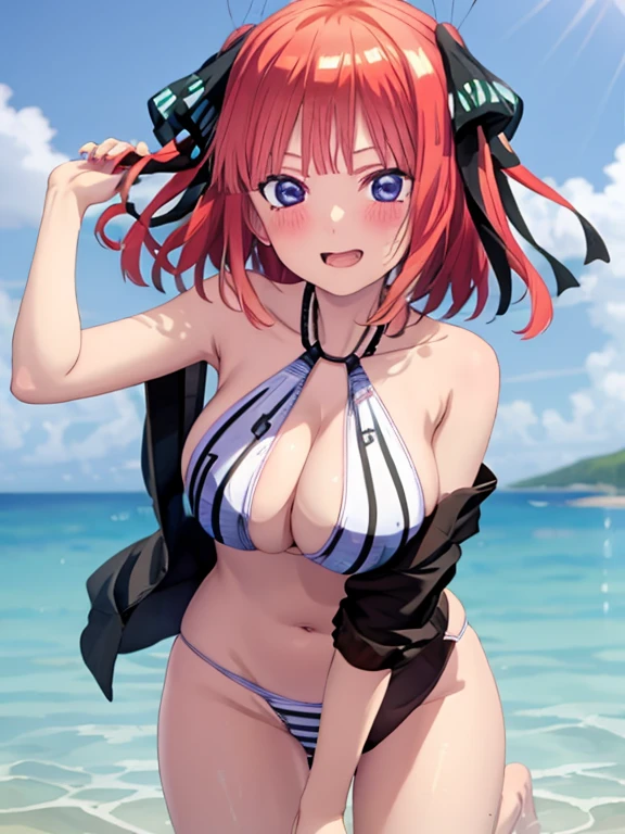 best quality, insanely detailed, nino nakano, breasts, halterneck swimsuit, striped, flower print, breast hold