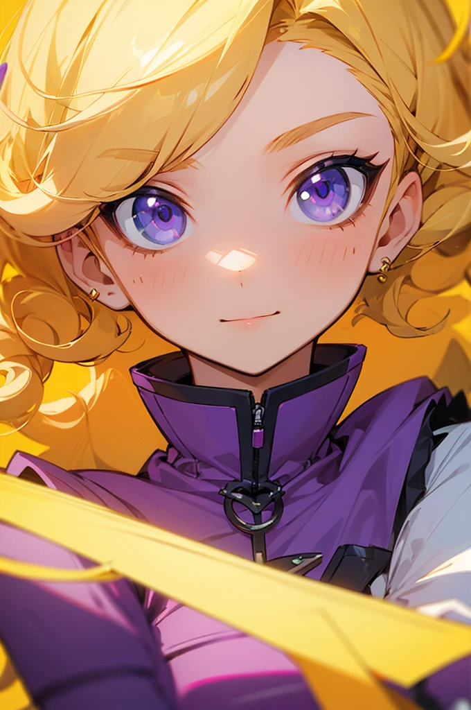 (masterpiece), best quality, expressive eyes, perfect face, blonde, femme, girly girl. purple outfit, yellow accents, charming, cheerful, curly ,