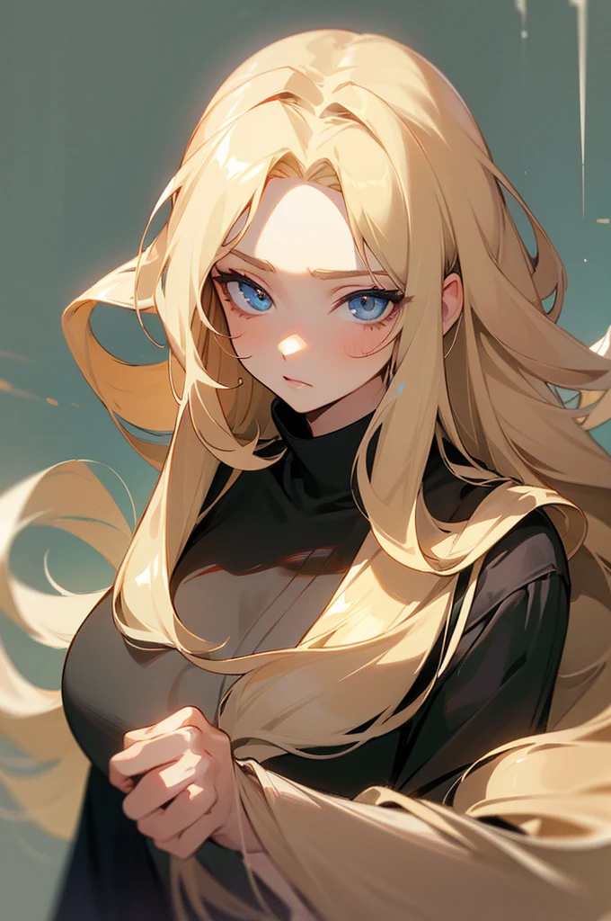(masterpiece), best quality, expressive eyes, perfect face, blonde, femme, cold hearted, fem. soft colored clothing modern attire, mean, anime, mute, rotted personality, long wavy hair, adult, older woman, clean cut, idol, polished, very long and big hair