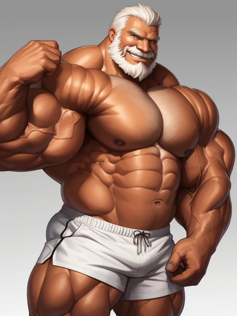 solo, 1boy, perfect anatomy, perfect proportion, smile, grinning, big eyes, happy. Huge Muscular Old man wearing corwn:1.2 and king cloack with short hair ,(white shorts), view from side, pectoral, thick arms, huge pectoral, wide pectoral, white hair, white beards, simple background, masterpiece, semirealistic:1.2, high detailed, 8k, high resolution, perfect center, full view. ((really big muscle, massive muscular, sixpack, thick arms, wide pectoral, super huge muscle, hyper muscular, over sized muscle, huge arms, big arms, huge pectoral))