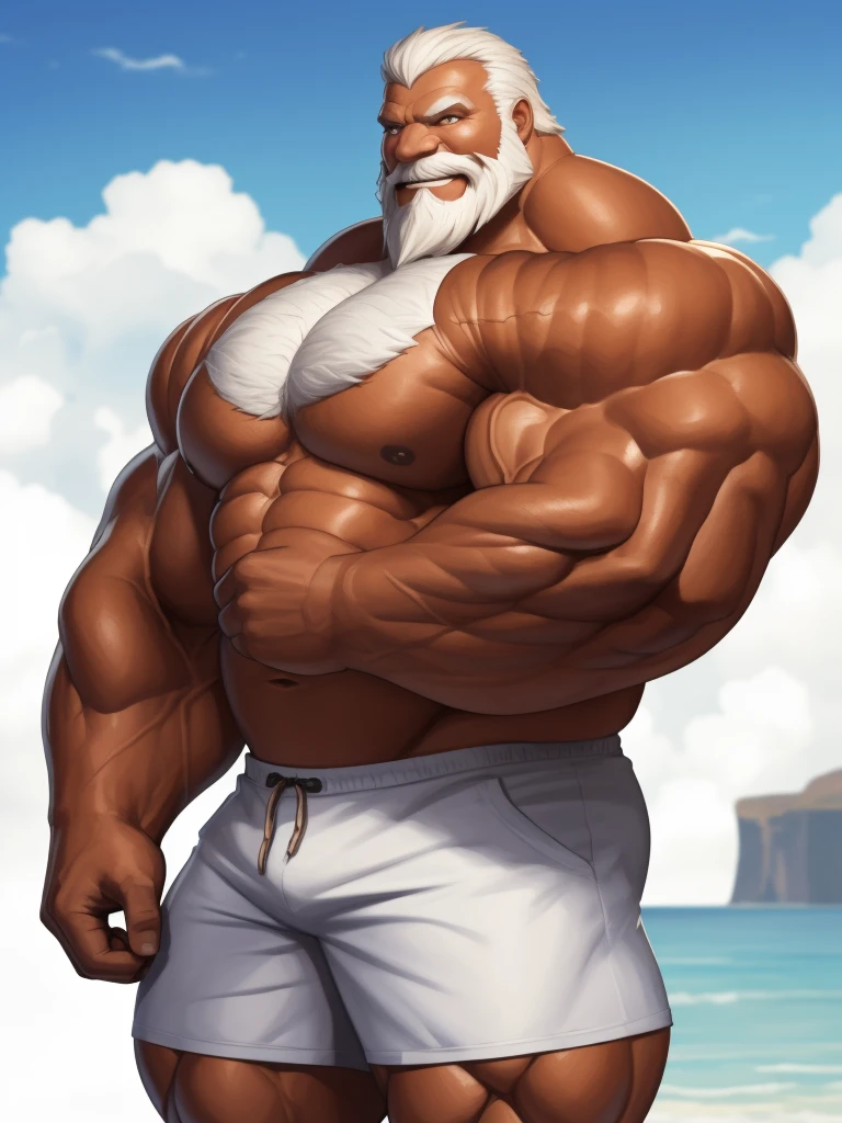 solo, 1boy, perfect anatomy, perfect proportion, smile, grinning, big eyes, happy. Huge Muscular Old man wearing corwn:1.2 and king cloack with short hair ,(white shorts), view from side, pectoral, thick arms, huge pectoral, wide pectoral, white hair, white beards, simple background, masterpiece, semirealistic:1.2, high detailed, 8k, high resolution, perfect center, full view. ((really big muscle, massive muscular, sixpack, thick arms, wide pectoral, super huge muscle, hyper muscular, over sized muscle, huge arms, big arms, huge pectoral))