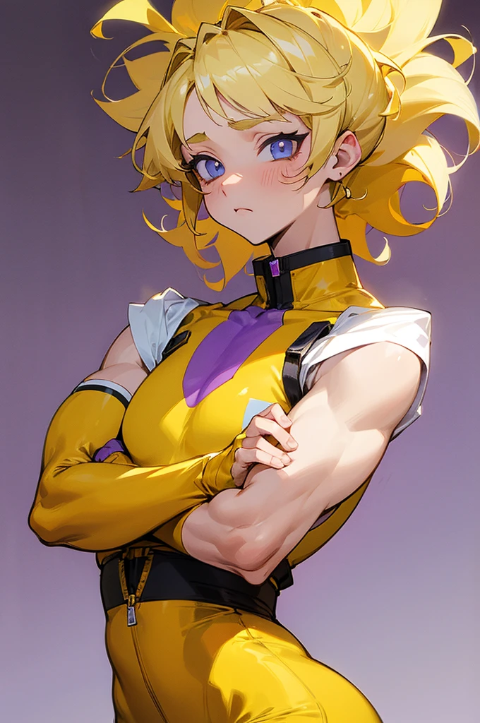 (masterpiece), best quality, expressive eyes, perfect face, blonde, masc tough. yellow outfit, purple accents, rough, shortcurly , anime, 22 years old, her buff, fit, masc woman