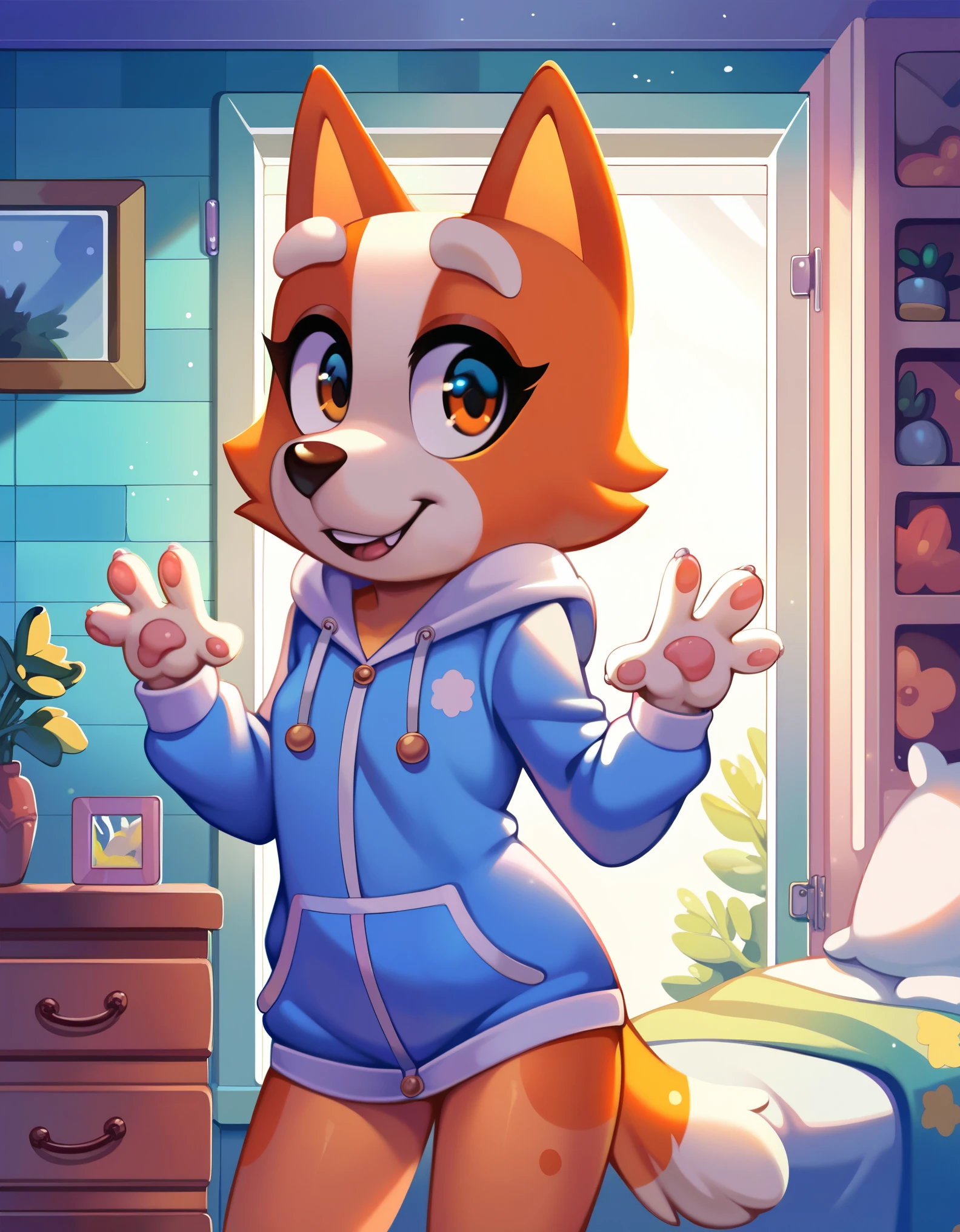 score_9, score_8_up, score_8, 1girl, 18 years old, source_cartoon, source_furry, blueyxl, bingo heeler, (boxchibi:0.8), cowboy shot, anthro, furry, tail, orange body, animal ears, flat shaded background, indoors, curvy, , detailed fur texture, pajamas, flat chest, onesie, slim, looking at viewer, at night, dark atmosphere