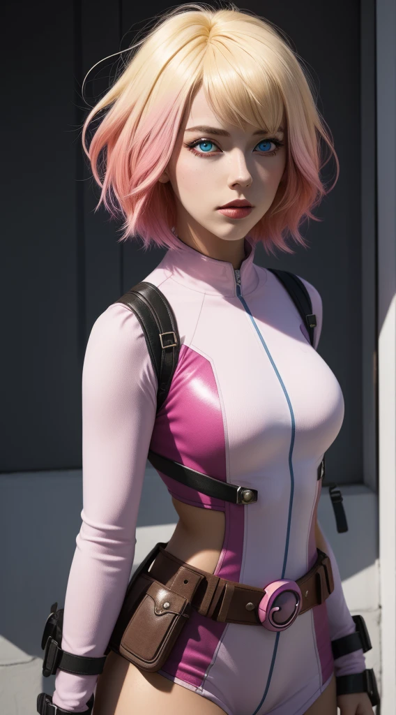 gwenpool, 1girl, blonde hair, multicolored hair, solo, blue eyes, short hair, gradient hair, belt, two-tone hair, pink hair, breasts.