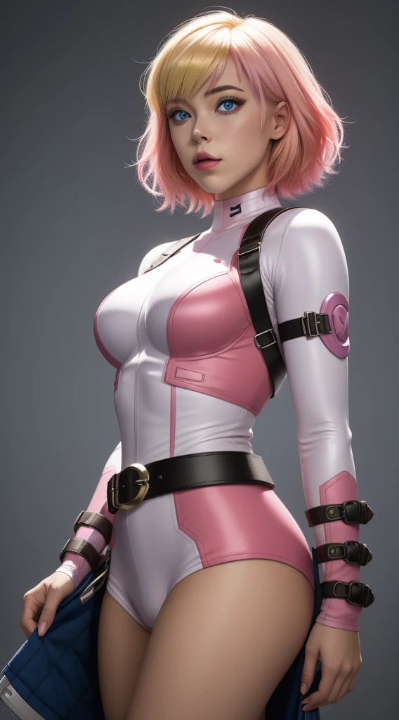 gwenpool, 1girl, blonde hair, multicolored hair, solo, blue eyes, short hair, gradient hair, belt, two-tone hair, pink hair, breasts.