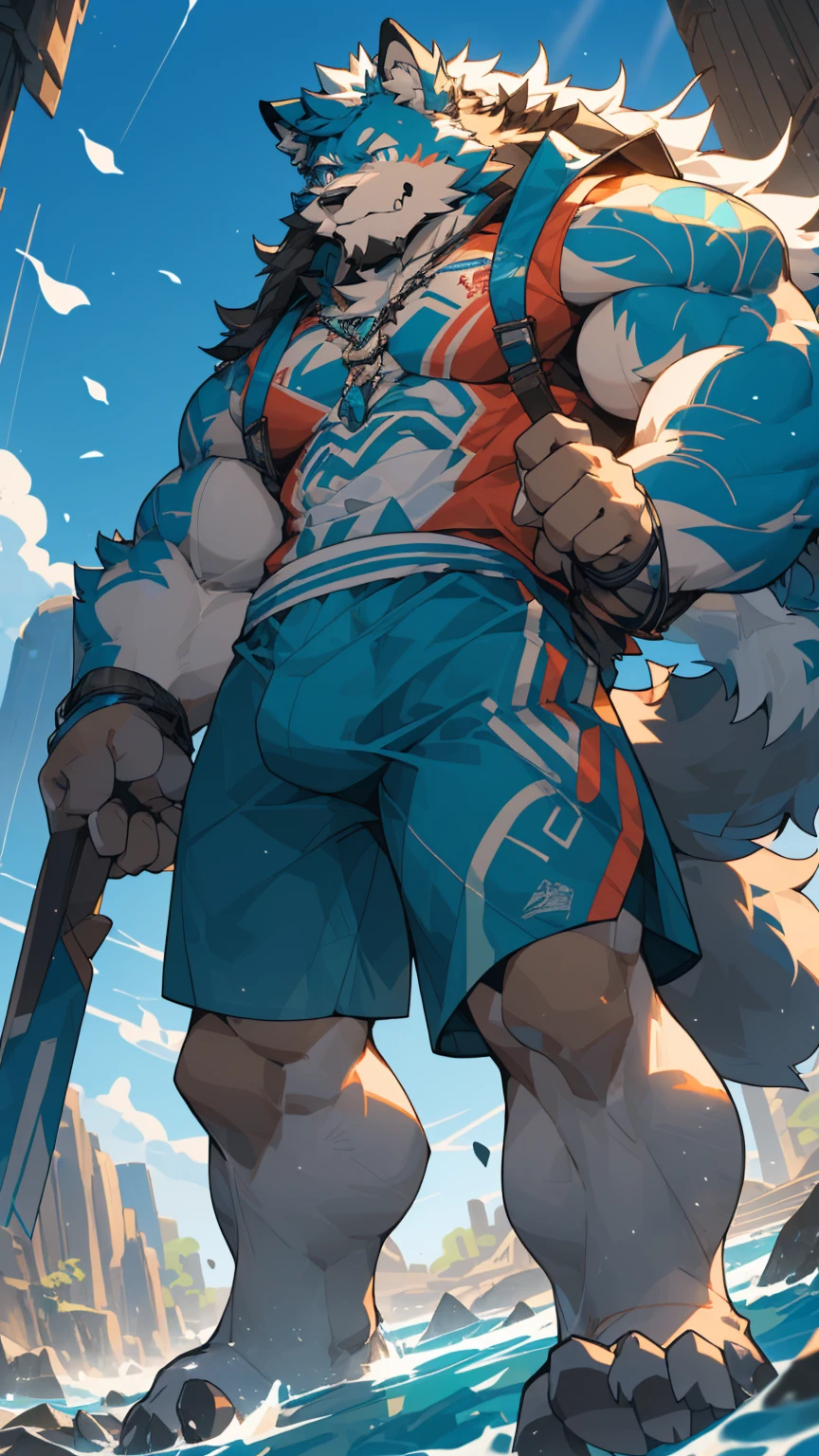 Sunlight，high resolution，4K，love，(((whole body)))，masterpiece，high quality，Brave and bold，((Wolf))，male，((Strike a pose:1.3))，WolfFurry，(Middle-aged uncle)，hairy，((charming，Smiling Face，Long hair))，((peaceful，Ease))，((strong，tall and big:1.3，thin long ears:1.2，Well-proportioned limbs:1.3，Wolf尾巴:1.3，Bigfoot，Meat pad:1.2，Crotch bulge:1.3))，(((Red and black sports shorts)))，(((Green ears，Dark blue head，dark blue back，Dark blue limbs，White breast，White belly，Blue pupils)))，charming脸庞，AttentiontoDetail，Detailed body，Detailed hands