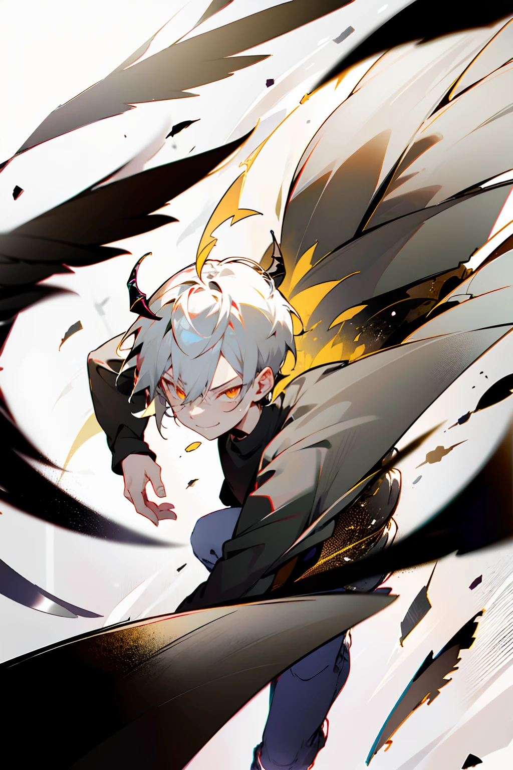 1male, , Two Tone Hair, Black and White Hair, Short Hair, Undercut Hair, Two Horns one of them is Black the other is White, Angel Halo, One Black wing and One White Wing, Golden Eyes, Smirk, Black and White Flannel Shirt, Black Ripped Jeans, School Background