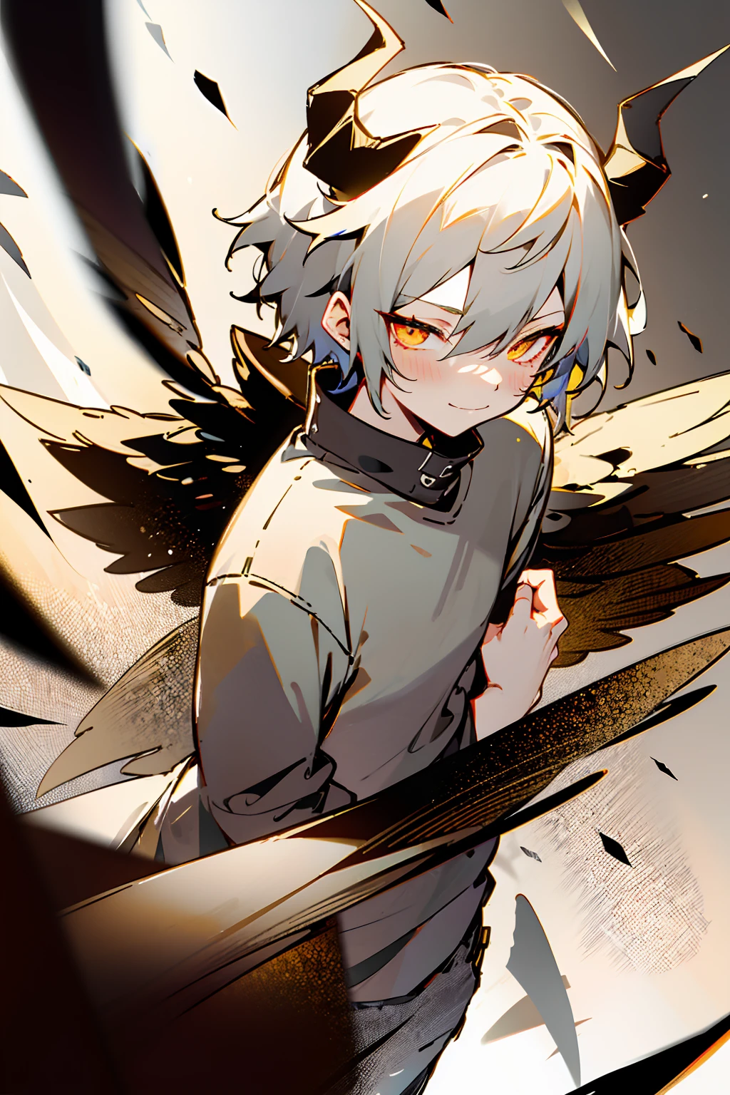 1male, Teen, Two Tone Hair, Black and White Hair, Short Hair, Undercut Hair, Two Horns one of them is Black the other is White, Angel Halo, One Black wing and One White Wing, Golden Eyes, Smirk, Black and White Flannel Shirt, Black Ripped Jeans, School Background