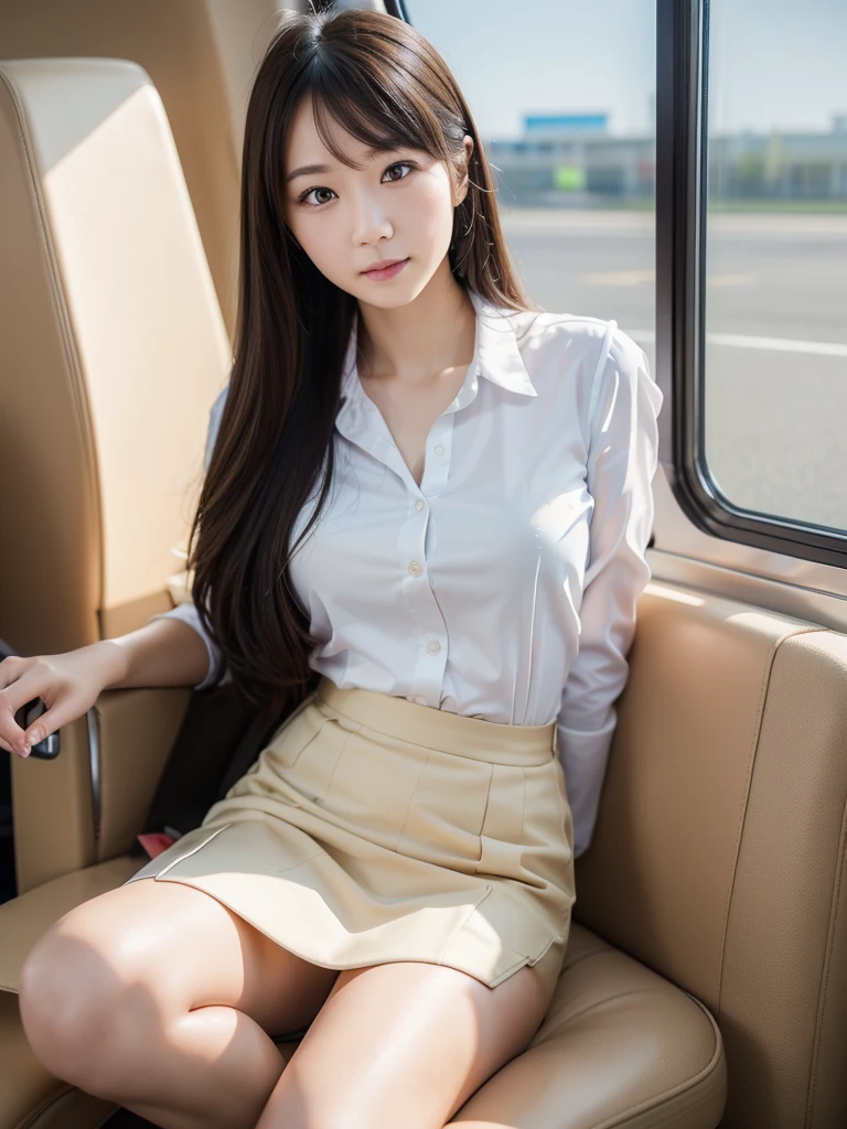 flight attendant、Heel、plane、planeのシート(Highest quality)、((Very detailed))、4K、(8K)、masterpiece、Very detailedな、Highest quality、Super Resolution、1 person、Kind Face、Soft Light、RAW quality、Soft Skin、163cm、Thighs、Customer Service