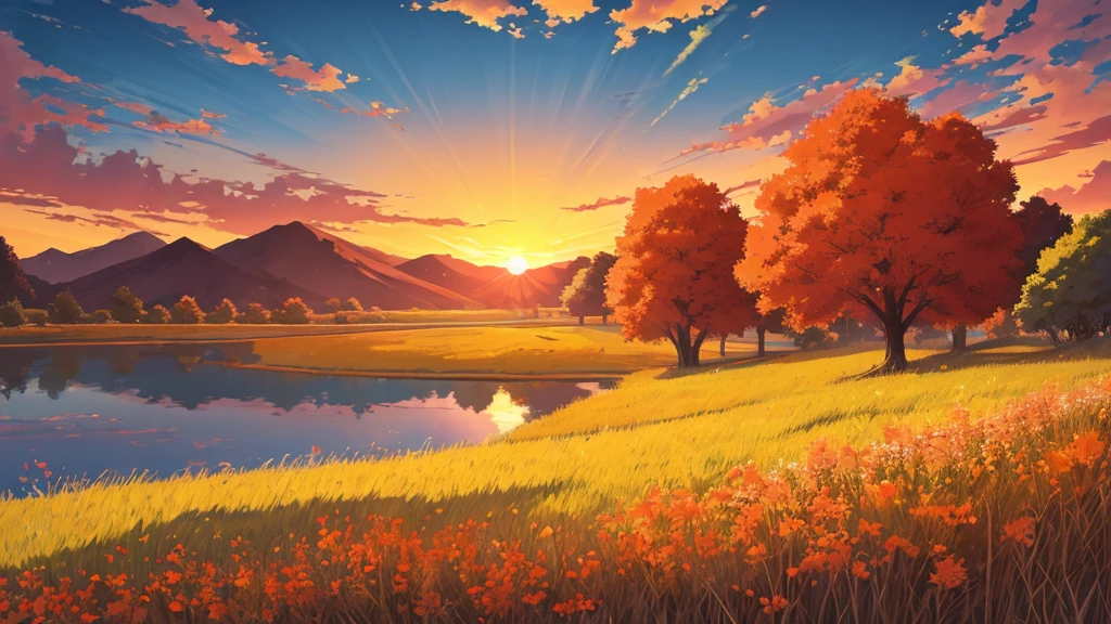 Anime landscape, a grasslands scene in the afternoon, an orange sky with a setting sun, a bright and colorful anime style, giving a peaceful and calm feeling, with flowering trees around a small quiet lake.