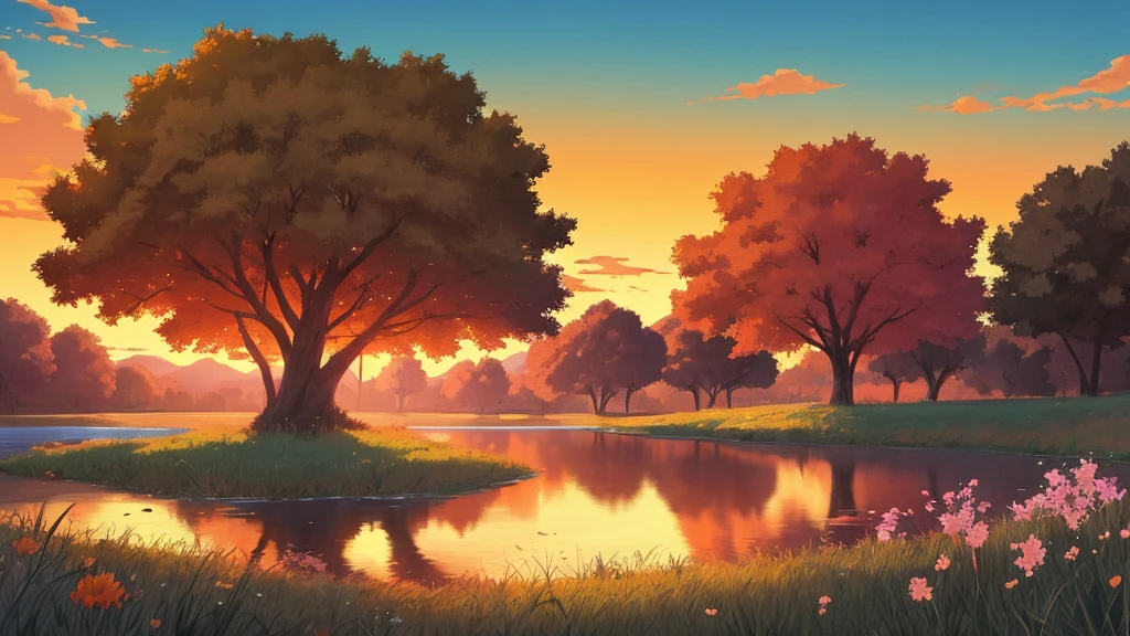 Anime landscape, a grasslands scene in the afternoon, an orange sky with a setting sun, a bright and colorful anime style, giving a peaceful and calm feeling, with flowering trees around a small quiet lake.