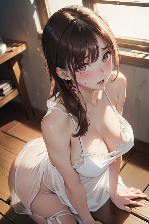 SFW,(8k, RAW photo, best quality, masterpiece, soft cinematic lighting, soft color:1.6),(ideal ratio body proportions:1.8),(from above:1.5),(looking at camera:1.8),(sitting:1.5),(spread legs:0.5),(beautiful eyes focus:1.8), (realistic), (dilapidated japanese red light district room background:1.6), (solo, mature woman,20years old,super beautiful face,super detaild beautiful brown eyes :1.8), (detaild sheer white Slip Dress:1.6),(coverd nipples:0.5),(embarrassed,red Cheeks:1.25),long hair, {{slicked back hair}}, white blonde color hair, clean skin, (smaller butt:1.1),(coverd nipple:0.9),(sagging huge long wide heavy breasts:1.5),(under boob:0.8), ( Perfect body skinny beauty: 1.7),(open mouth:1.1),(temptation pose:1.8),(heavy breathing:1.5),
