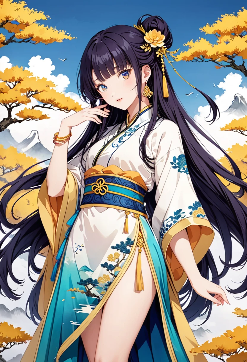 A beautiful dancer in ancient China,delicate lines,cute costumes in ancient China,delicate and vivid,shy face,willow leaf eyebrows,personality representation,curly hair,gold leaf,flowing clouds,water colour,crane around,ink painting,olhos gentis,meticulous, color scheme,exquisite clothing patterns,by Gu, Kaizhi,Zhang Xuan,Professional color grading,realistic styling,softshadows,clean, sharp focus,Cinematography,panoramic view,32K --v 6