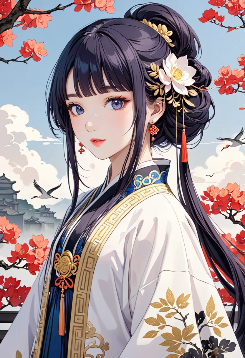 A beautiful dancer in ancient China,delicate lines,cute costumes in ancient China,delicate and vivid,shy face,willow leaf eyebrows,personality representation,curly hair,gold leaf,flowing clouds,water colour,crane around,ink painting,olhos gentis,meticulous, color scheme,exquisite clothing patterns,by Gu, Kaizhi,Zhang Xuan,Professional color grading,realistic styling,softshadows,clean, sharp focus,Cinematography,panoramic view,32K --v 6