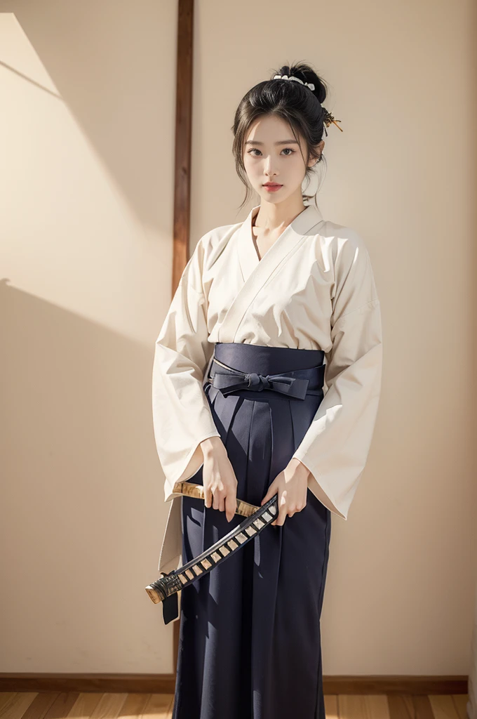 (((best quality))),(((ultra detailed))),(((masterpiece))),illustration,1girl,solo,short ponytail,slim,thin,small breasts,flat chest,white collar,white kendogi,three-quarter sleeves,maxi navy-blue kendo hakama,slender legs,standing in kendodo gym,(holding a wooden samurai katana in hand:1.3),arms behind back,focused and determined expression,ready for challenge,slender and elegant face,confident and resilient,fair skin,blush,neat teeth,bright smile,clean and tidy uniform,wooden gym floor,wall,pine scent,standard grip,ready to slice through obstacles,strong belief,determination,spirit of resilience,admiring,from front,full body,bare feet