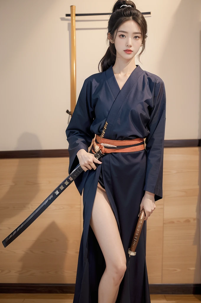(((best quality))),(((ultra detailed))),(((masterpiece))),illustration,1girl,solo,short ponytail,slim,thin,small breasts,flat chest,white collar,white kendogi,three-quarter sleeves,maxi navy-blue kendo hakama,slender legs,standing in kendodo gym,(holding a wooden samurai katana in hand:1.3),arms behind back,focused and determined expression,ready for challenge,slender and elegant face,confident and resilient,fair skin,blush,neat teeth,bright smile,clean and tidy uniform,wooden gym floor,wall,pine scent,standard grip,ready to slice through obstacles,strong belief,determination,spirit of resilience,admiring,from front,full body,bare feet