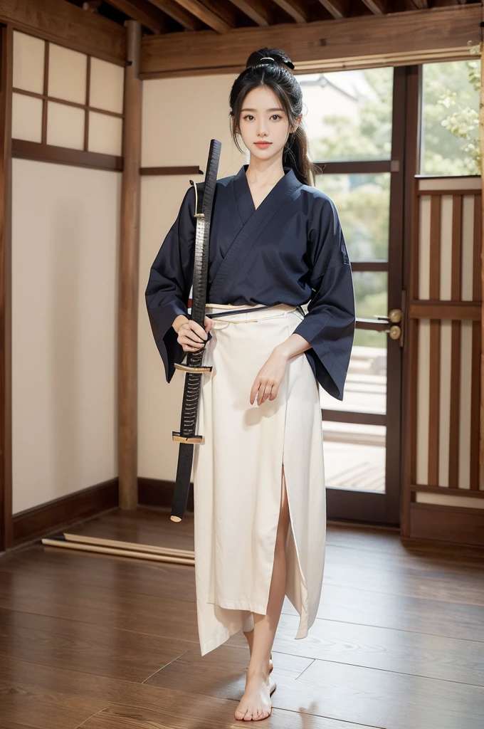 (((best quality))),(((ultra detailed))),(((masterpiece))),illustration,1girl,solo,short ponytail,slim,thin,small breasts,flat chest,white collar,white kendogi,three-quarter sleeves,maxi navy-blue kendo hakama,slender legs,standing in kendodo gym,(holding a wooden samurai katana in hand:1.3),arms behind back,focused and determined expression,ready for challenge,slender and elegant face,confident and resilient,fair skin,blush,neat teeth,bright smile,clean and tidy uniform,wooden gym floor,wall,pine scent,standard grip,ready to slice through obstacles,strong belief,determination,spirit of resilience,admiring,from front,full body,bare feet