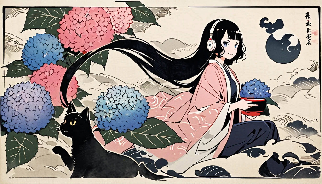 Highest quality, Katsushika Hokusai, Ink Painting, (((very straight longhair))), (((hydrangea))), (((Pale pink haori))), (((One black cat))), headphone, beautiful girl, Black Hair, Delicate and precise, Modern ukiyo-e style, smile