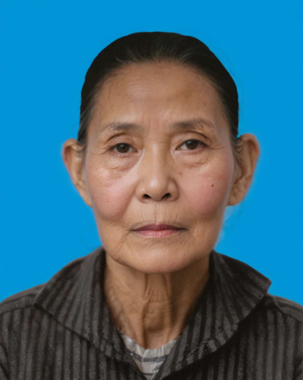 Highly realistic photo, Portrait of a 55 year old Vietnamese old woman, gray hair, black and white striped shirt, skinny cheeks