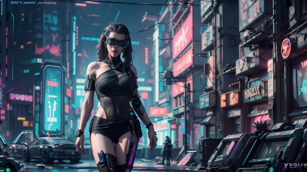 masterpiece, best quality, high resolution, 8k, (Portrait Photos:1.5), (R Original Photo), real picture, Digital Photography, (A fusion of cyberpunk and fantasy), 20 year old girl, solo, (((black sunglasses))), Feel free to hairstyle, Purple Eyes, By Bangs, (Medium breasts, Accessories, Elegant and charming, Combination of cyberpunk and fantasy style clothing, Hollow carving design, Photo poses, Realistic style, oc render reflection texture, sentry, (((((Cyberpunk style future city))))), night, Bustling streets, (((((half-body (thigh level) medium shot))))), Medium distance photography