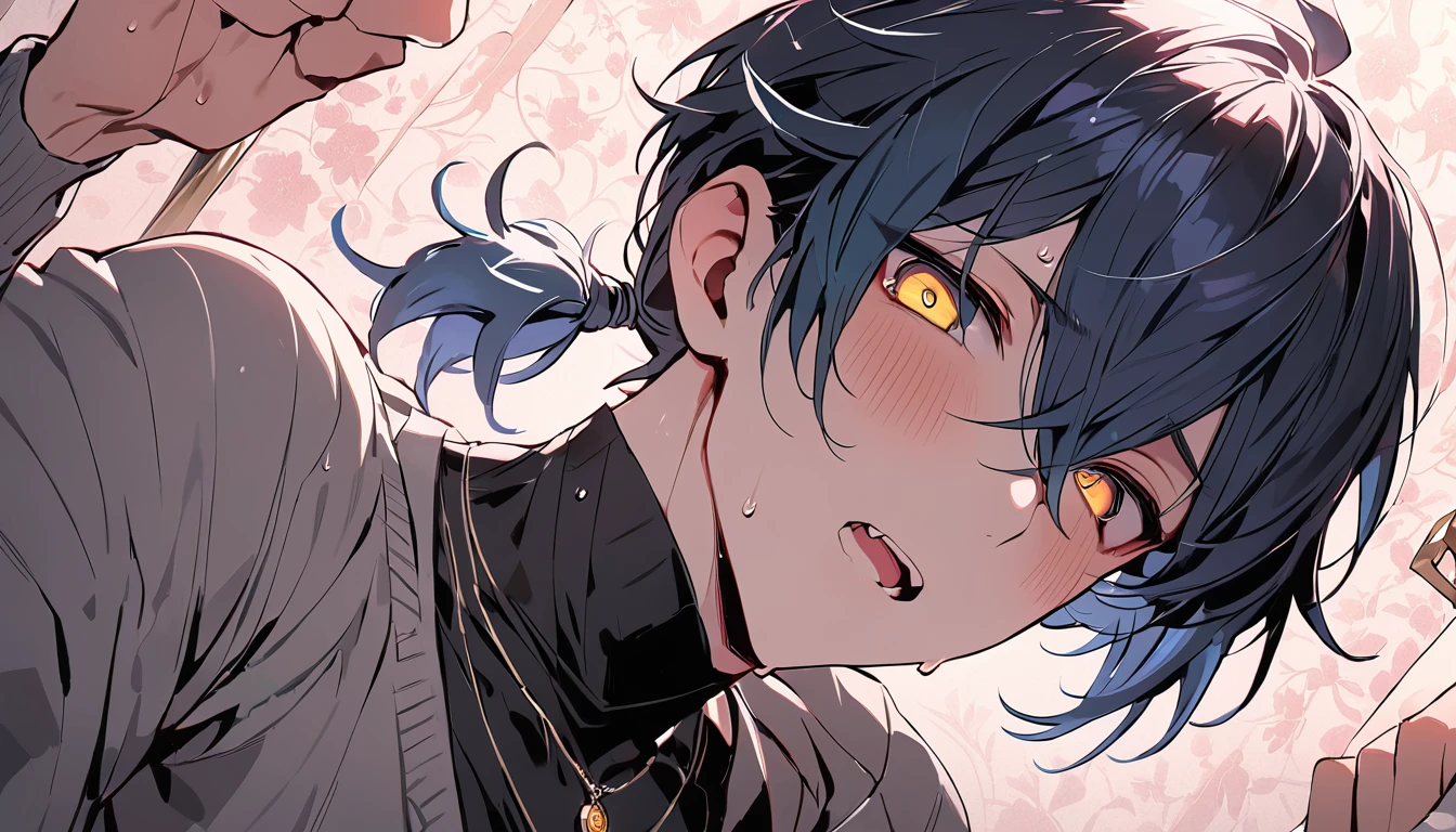 ((((best masterpiece, best quality, wallpaper,)))) solo, guy, male body, small muscles, flat chest, 1male, 30 years old, handsome man, dramatic angle, upper body, looking at viewers, beautiful detailed, mediumturquoise hair, ((((Lower short ponytail)))), asymmetrical bangs, ((short hair,)) blush stickers, sweat, (((perfect face, extremely detailed eyes,))) ((( jitome, gold eyes, ^o^, tareme, droopy eyes,))) perfect hands, sharp nose, clear face, black turtleneck, grey cardigan, ((silver piercing, pendant,)) leggings, pink background color ultrasharp, 8K, masterpiece,