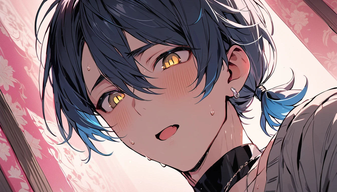 ((((best masterpiece, best quality, wallpaper,)))) solo, guy, male body, small muscles, flat chest, 1male, 30 years old, handsome man, dramatic angle, upper body, looking at viewers, beautiful detailed, mediumturquoise hair, ((((Lower short ponytail)))), asymmetrical bangs, ((short hair,)) blush stickers, sweat, (((perfect face, extremely detailed eyes,))) ((( jitome, gold eyes, ^o^, tareme, droopy eyes,))) perfect hands, sharp nose, clear face, black turtleneck, grey cardigan, ((silver piercing, pendant,)) leggings, pink background color ultrasharp, 8K, masterpiece,