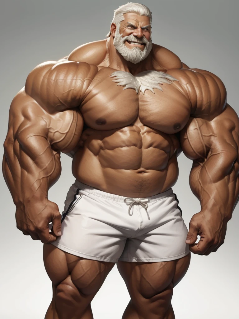 solo, 1boy, perfect anatomy, perfect proportion, smile, grinning, big eyes, happy. Huge Muscular Old man wearing corwn and king cloack with short hair ,(white shorts), view from side, pectoral, thick arms, huge pectoral, wide pectoral, white hair, white beards, simple background, masterpiece, semirealistic:1.2, high detailed, 8k, high resolution, perfect center, full view. ((really big muscle, massive muscular, sixpack, thick arms, wide pectoral, super huge muscle, hyper muscular, over sized muscle, huge arms, big arms, huge pectoral))