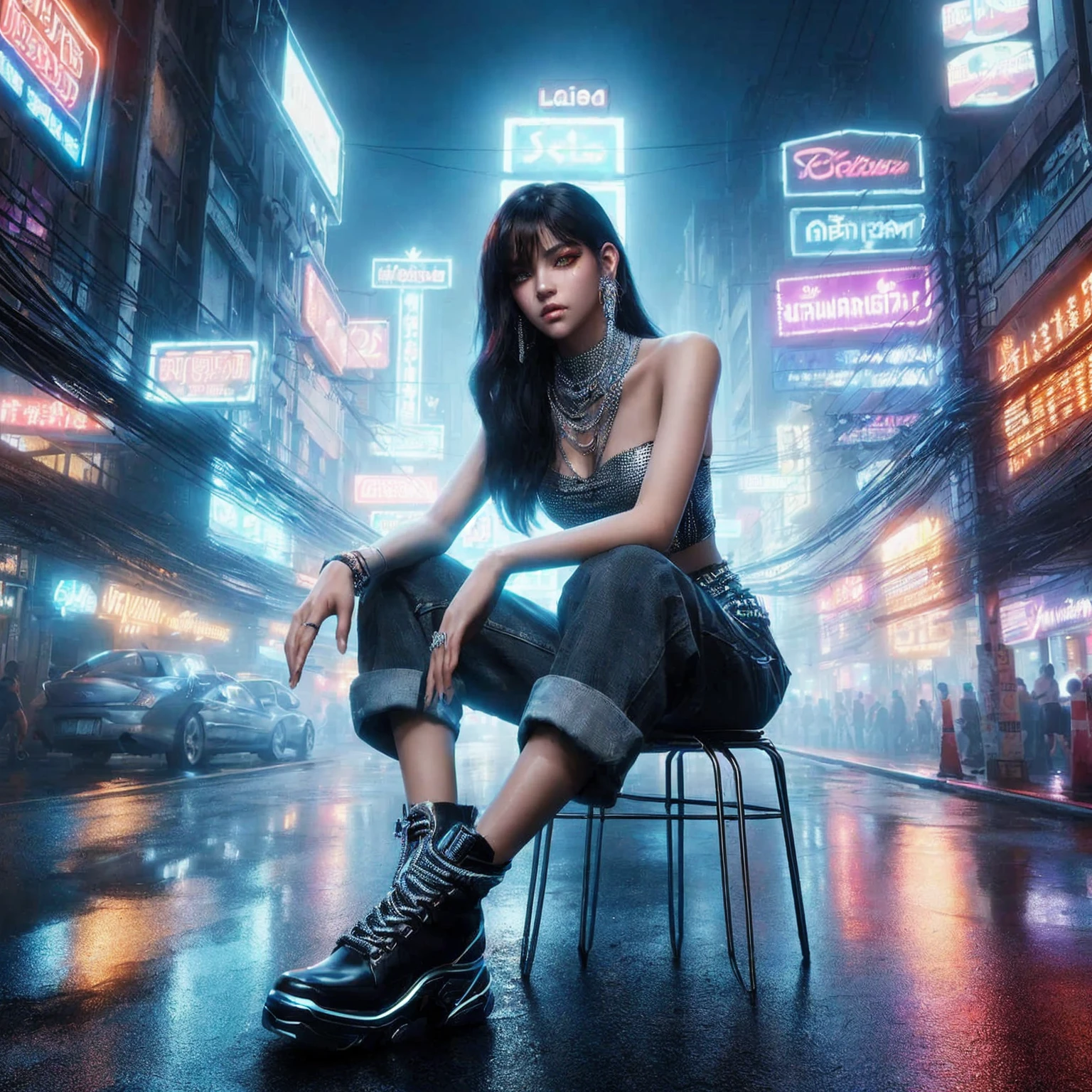 arafed image of a woman in a black top and shorts standing in a crowded street, cyberpunk vibe, cyberpunk vibes, cyberpunk art style, cyberpunk girl, urban girl fanart, artwork in the style of guweiz, beautiful digital artwork, stylized urban fantasy artwork, deviantart artstation cgscosiety, in cyberpunk city, trending on cgstation