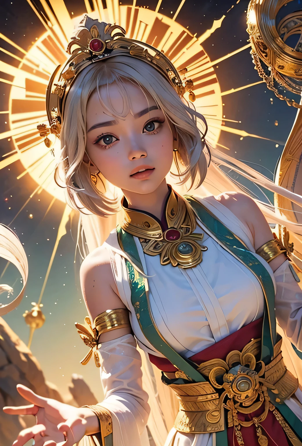 "Child of the Sun, Goddess of Love": Within a sacred sanctuary bathed in sunlight, depict the figure of a sun goddess who governs love, facing forward and emanating divine radiance. She is a , around 3 years old. Zoom in to focus on her face, with a gleaming orb of light in her hands, representing the life-giving power of the sun. Her hair is shimmering gold, and she is wearing a traditional miko outfit as seen in Japanese shrines. The background should be predominantly gold, evoking a sense of divine splendor, with numerous heart-themed objects expressing the beauty of love. The setting is in heaven, enveloped in soft, bright light, where one can find tranquility and peace of mind, free from any trace of anxiety.Straight-on.