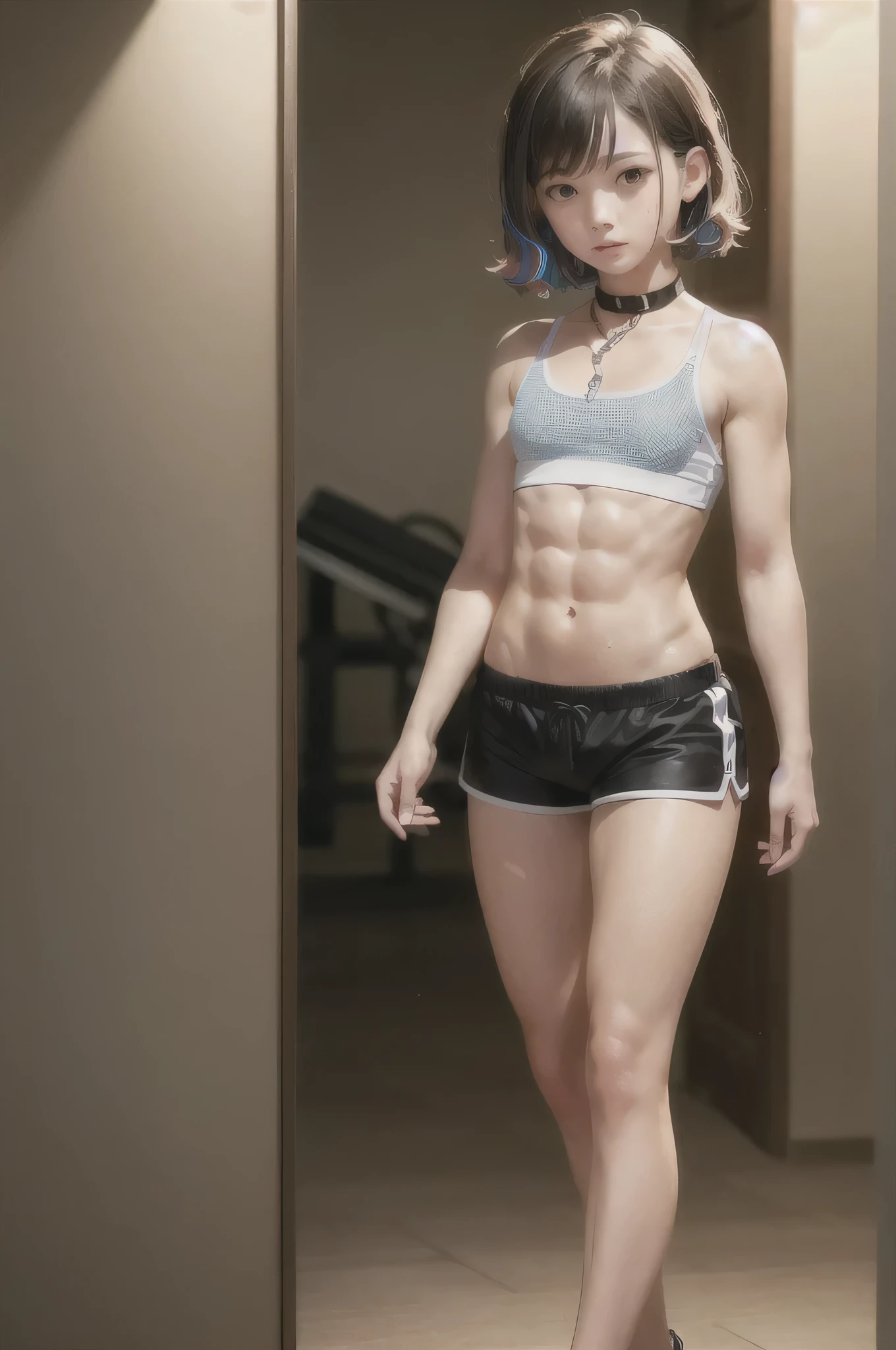 ((medium chest, tomboy, small head)), (cut abs: 1.1), (perfect body: 1.1), (short wavy hair: 1.2), auburn hair, collar, chain, full body, workout , sweat, femboy, futa ((shorts)), (extremely detailed CG 8k wallpaper), (extremely delicate and beautiful), (masterpiece), (best quality: 1.0), (ultra high resolution: 1.0), beautiful lighting, perfect lightning, realistic shadows, [high resolution], detailed skin, super detailed (((colorful)))