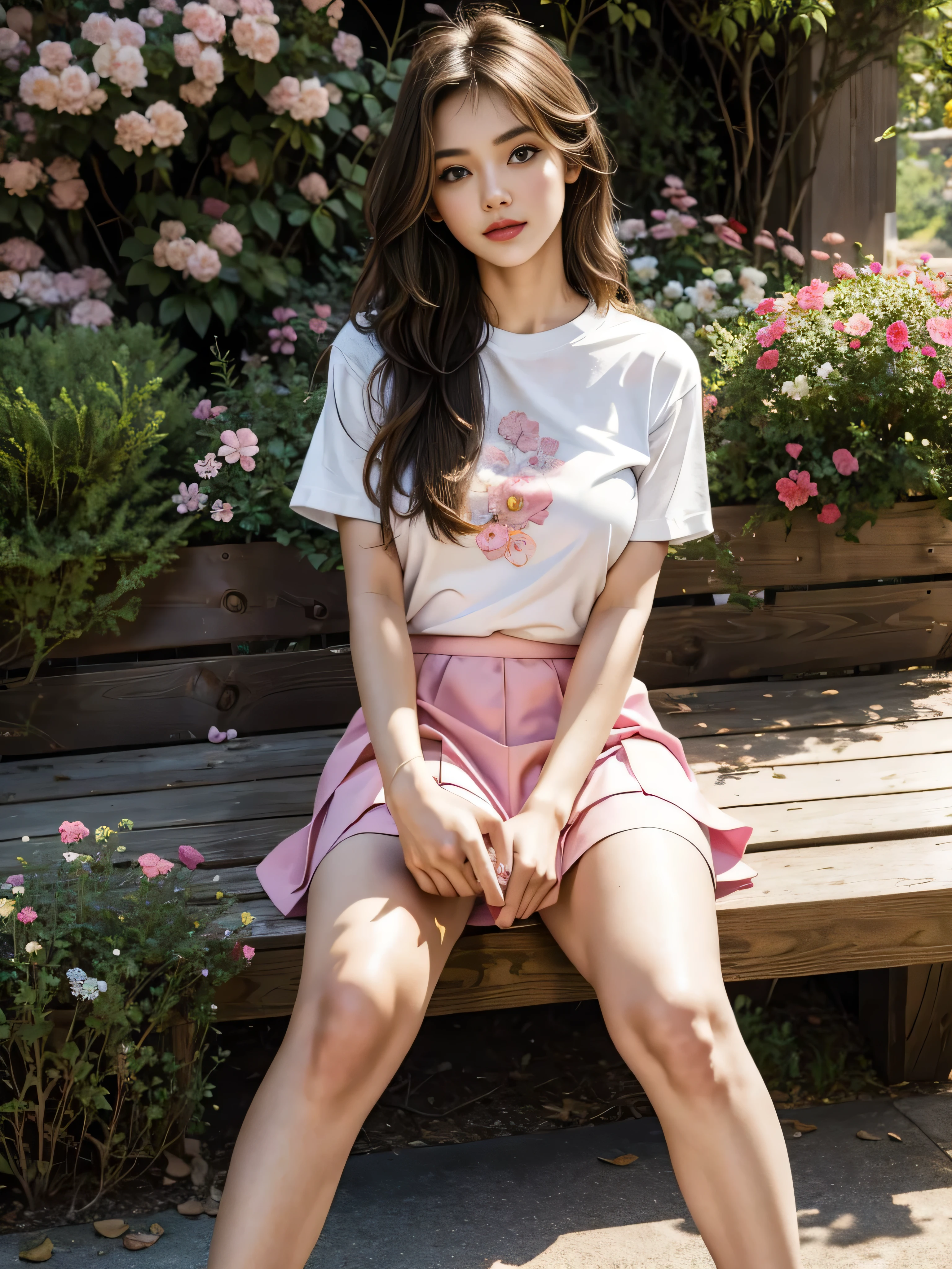 (best quality, 4k, Masterpiece, Ultra detailed, hyperrealism), beautiful 21 year old lady, (white miniskirt, tight t-shirt), sitting on bench, legs visible, holding her bent knee, showing her white underwear, garden van, pink flower tree, in the morning, light breeze that blows your hair and skirt, attention to details, NY city, RAW quality