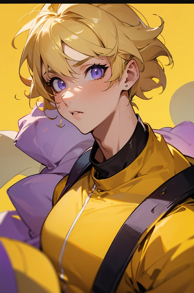 (masterpiece), best quality, expressive eyes, perfect face, blonde, masc tough. yellow outfit, purple accents, rough, shortcurly , anime, 22 years old, her buff, fit, masc woman