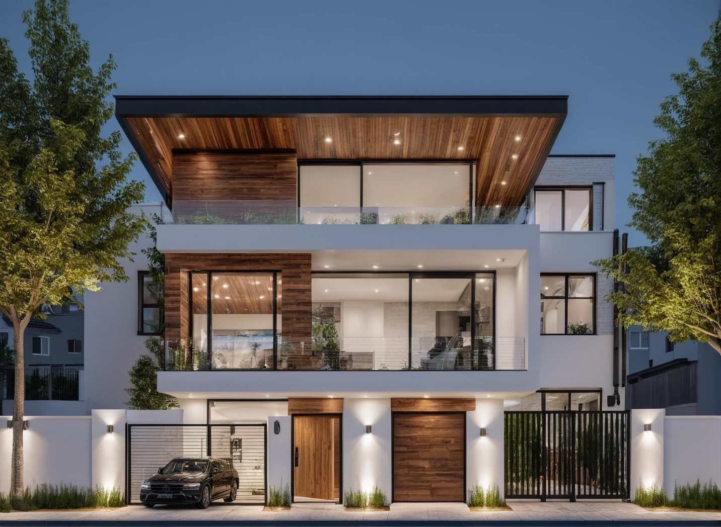 Raw photo, Masterpiece, high quality, best quality, realistic, super detailed, outdoor, modern house style on the street, white wall, wooden swing door, glass door, awning, car, metal fence black type, glass railings, roads, trees, night lights:1.1), vivid colors, (realistic:1.2),