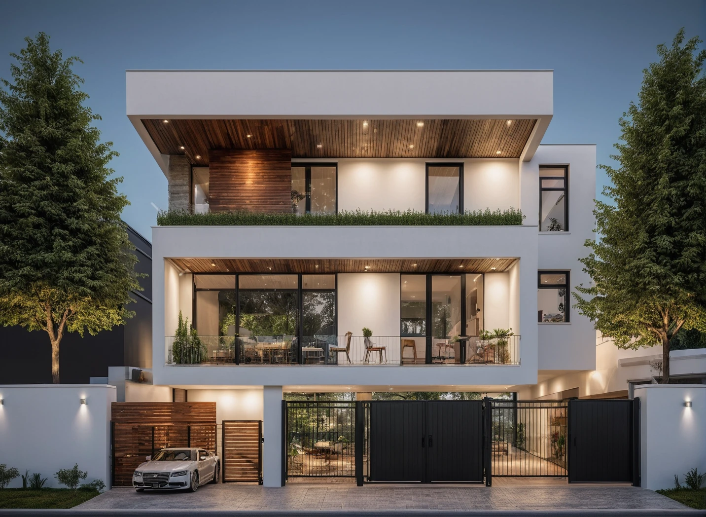 Raw photo, Masterpiece, high quality, best quality, realistic, super detailed, outdoor, modern house style on the street, white wall, wooden swing door, glass door, awning, car, metal fence black type, glass railings, roads, trees, night lights:1.1), vivid colors, (realistic:1.2),