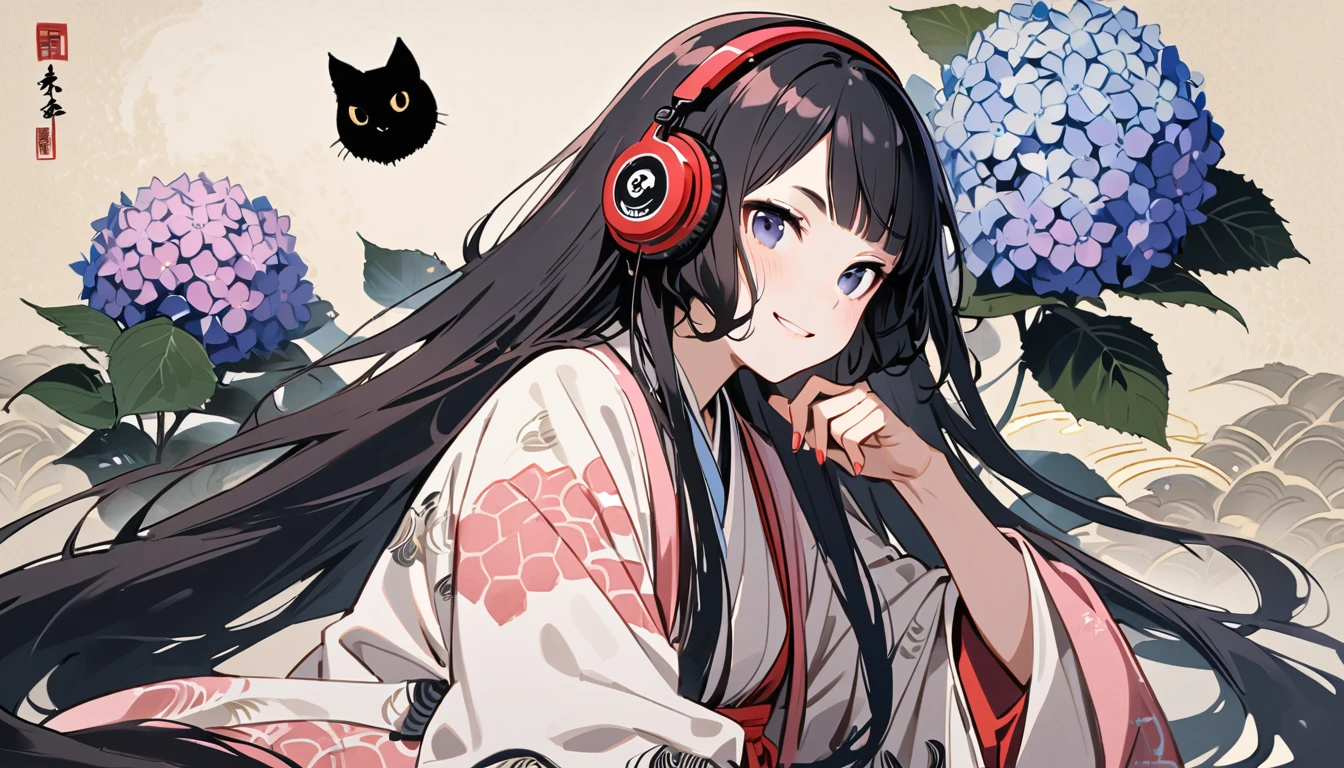 Highest quality, Katsushika Hokusai, Ink Painting, (((very straight longhair))), (((hydrangea))), (((Pale pink haori))), (((One black cat))), headphone, beautiful girl, Black Hair, Delicate and precise, Modern ukiyo-e style, smile