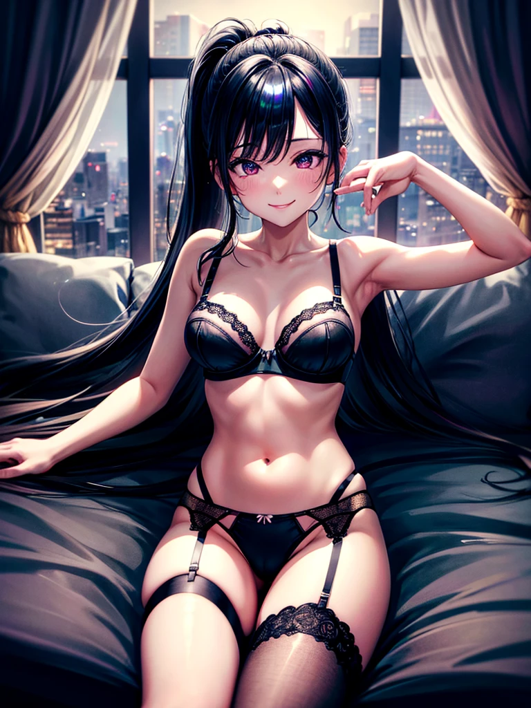 Highest quality,Highest Resolution,4K quality,モダンな寝室で大きな窓の外の都市の夜景を眺める下着のsmileの女性の横顔,Jet black ponytail,Dark room,Sexy Lingerie,Many water drops on the window,garter belt,High leg,((Iridescent underwear)),Knee-high stockings,smile,Landscape,Colorful eyeballs,Small bra,((Underwear color))Rainbow Gradient,