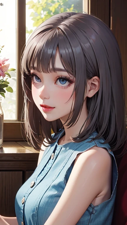 blush a little and smile, (Top quality masterpiece:1.2) Delicate illustrations, Very detailed, /Beautiful Japanese Women、1 person,Very cute and slim、Great style 、((8K images、super high quality))、Very delicate face, Skin and Hair、beautifule forehead、Red lipstick、(((((Mid-length hair、Silver Hair、lure))))),Very cute Japanese cut face、Eyes and nose are clearly visible、Kind eyes,((((Sleeveless fashion))))