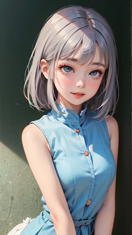 blush a little and smile, (Top quality masterpiece:1.2) Delicate illustrations, Very detailed, /Beautiful Japanese Women、1 person,Very cute and slim、Great style 、((8K images、super high quality))、Very delicate face, Skin and Hair、beautifule forehead、Red lipstick、(((((Mid-length hair、Silver Hair、lure))))),Very cute Japanese cut face、Eyes and nose are clearly visible、Kind eyes,((((Sleeveless fashion))))
