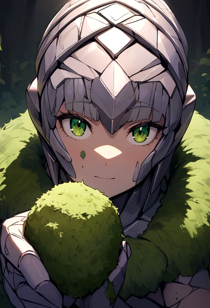gentle stone golem, square face, green eyes, moss on body